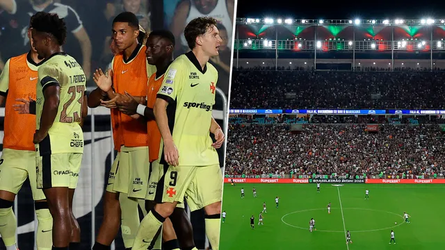Jugadores del Vasco Da Gama festejando un gol y el Estadio Maracaná en un partido de Flamengo. 