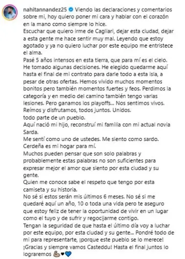 La carta de Nández en Instagram.