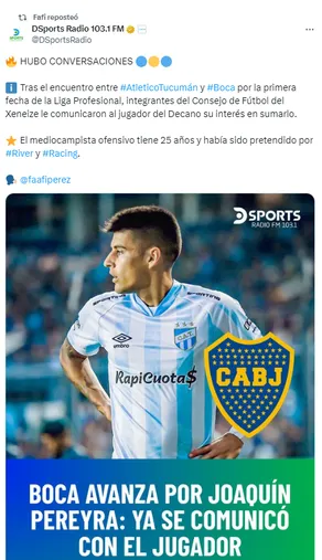 Boca va por Joaquín Pereyra. 
