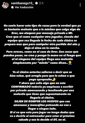 El hijo de Ever Banega denunció amenazas en Instagram.