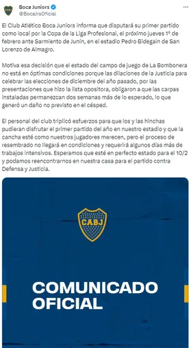 El comunicado oficial de Boca. (Captura)