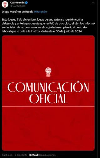 El comunicado de Huracán.
