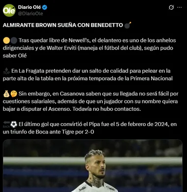 Almirante Brown quiere a Benedetto. (Captura)