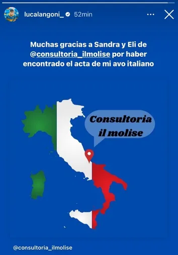 El agradecimiento de Langoni a una consultora que le está gestionando el pasaporte italiano.