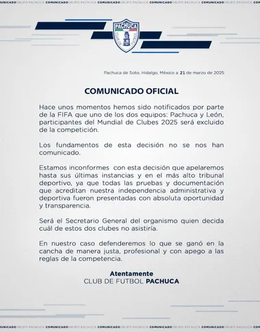 El comunicado que emitió Pachuca en las redes. (Pachuca Oficial)