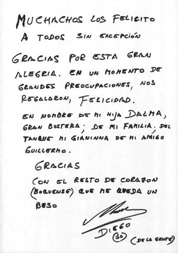La carta de Diego en agradecimiento al equipo de Bianchi.