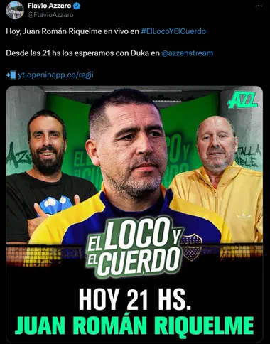 Riquelme hablará con Azzaro y Ducatenzeiler en El Loco y El Cuerdo.