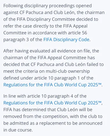 El comunicado oficial de la FIFA haciendo efectiva la descalificación de León. (FIFA Oficial)