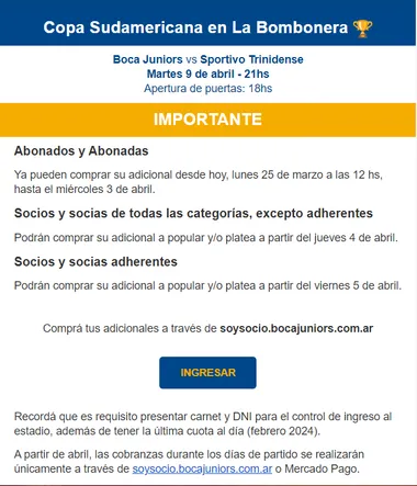 Boca notificó a sus socios sobre la compra de entradas para la Copa Sudamericana.