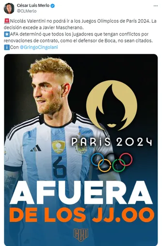 Valentini, afuera de París 2024.