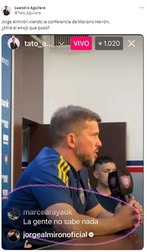 El comentario de Jorge Almirón para Mariano Herrón. (Captura)
