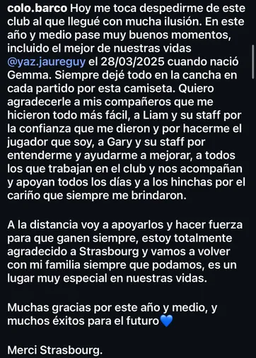 El posteo del Colo Barco en Instagram.