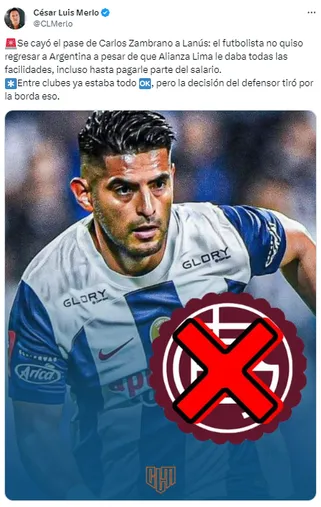 Zambrano no jugará en Lanús. (Captura)