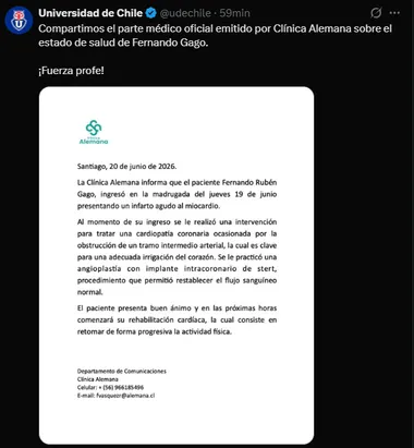 El comunicado de Universidad de Chile por Gago. (Captura)