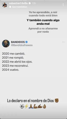 La historia de Sebastián Villa en sus redes sociales. (Captura)