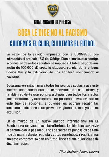 El comunicado que publicó Boca en sus redes.