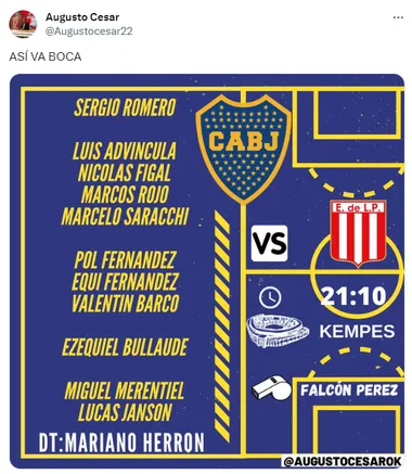 El once confirmado de Boca vs. Estudiantes de la Plata (Captura Augusto Cesar)