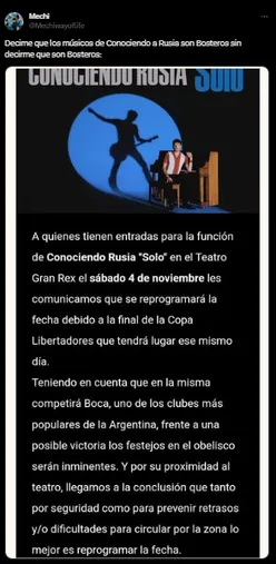 La banda que suspendió su show por Boca. (Captura)