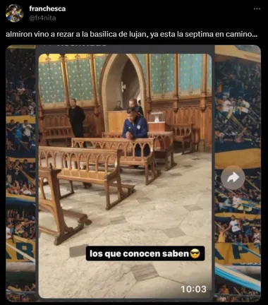 La imagen de Almirón rezando en la Basílica de Luján. (Captura Twitter)