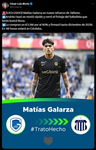 Galarza sería refuerzo de Talleres. (Captura)