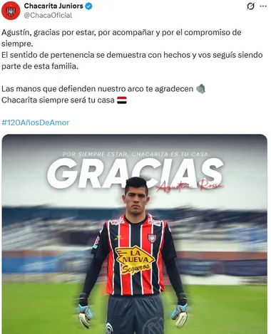 El posteo de Chacarita para Agustín Rossi.