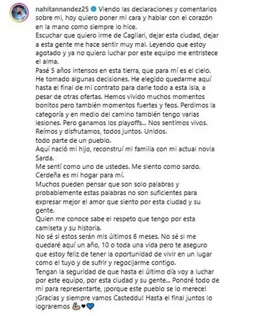 La carta de despedida de Nández en redes sociales 