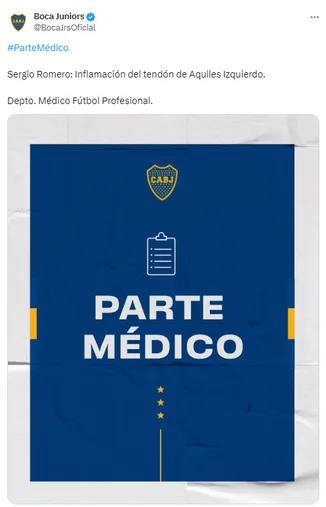 El parte médico de Sergio Romero. (Prensa CABJ)