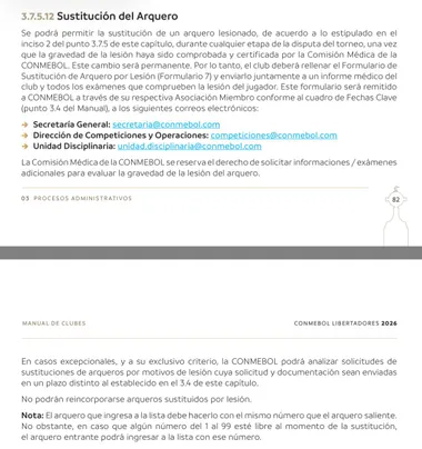 La norma de la CONMEBOL sobre la sustitución de un arquero. (CAPTURA)