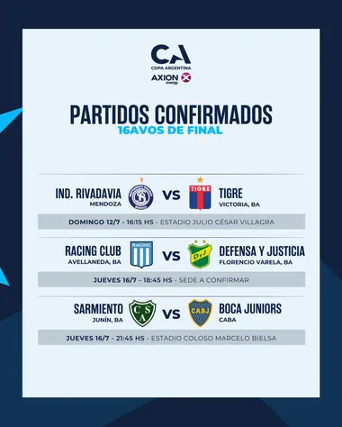 Boca vs. Sarmiento jugarán en Rosario. (Copa Argentina Oficial)