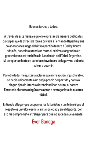El mensaje de Banega en Instagram.