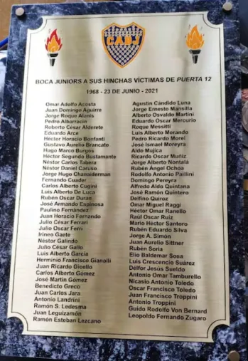 La placa de Boca por la tragedia de Puerta 12.