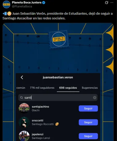 Verón no sigue más a Ascacibar en Instagram.