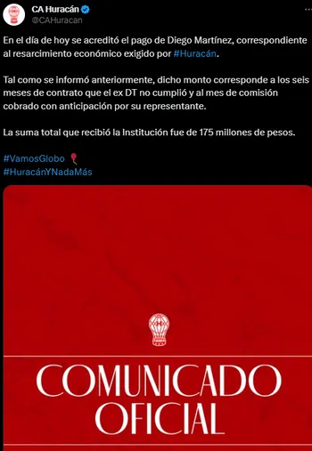 Diego Martínez le pagó a Huracán.