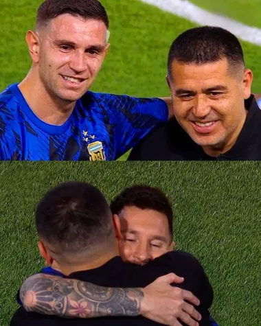 El cálido saludo de Juan Román Riquelme a Emiliano Martínez y Lionel Messi.