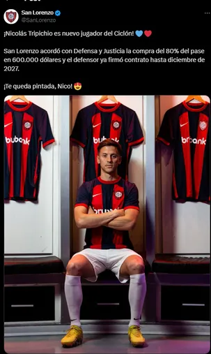 Tripichio firmó en San Lorenzo por 600mil dólares. 