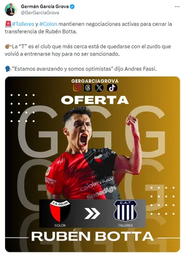 Talleres desea concretar el arribo de Botta. (Captura)