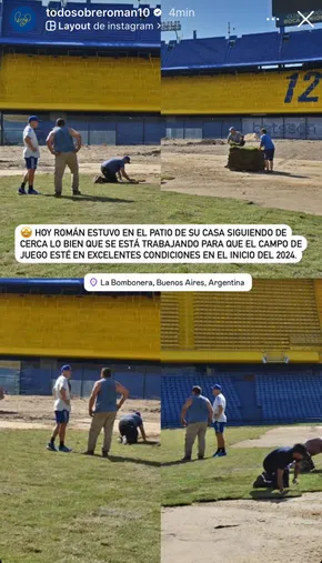 Román, en el campo de juego de La Bombonera junto a los encargados de mejorar el césped.
