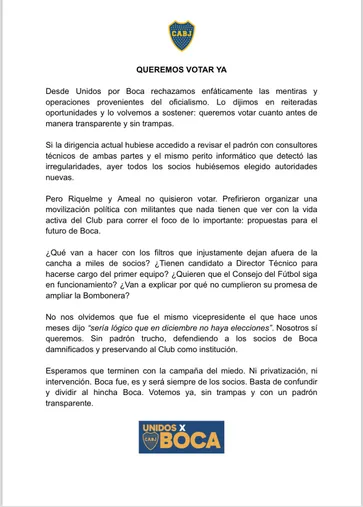 El comunicado de la oposición de Boca.