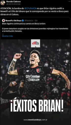 Brian Aguirre cedió el 15% de su pase a Newell's.