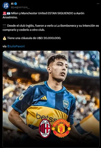 Anselmino es seguido desde Europa. (Captura)