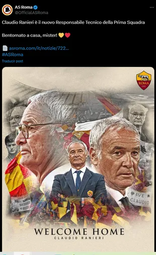 Ranieri, nuevo DT de Roma.