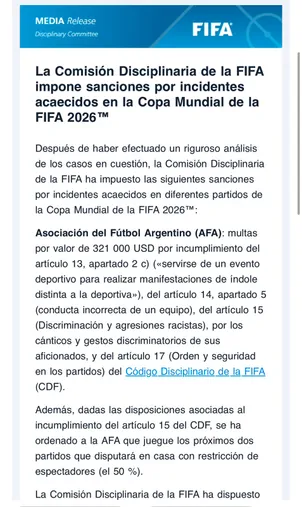 El comunicado de FIFA. (Captura)