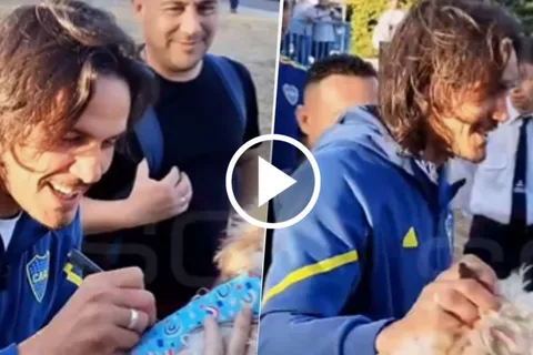 VIDEO | Edinson Cavani le firmó un autógrafo ¡a un perro! en la llegada de Boca a Córdoba