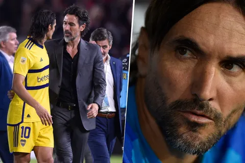 Edinson Cavani junto a Eduardo Domínguez y Diego Martínez, DT de Boca