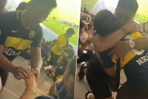 Nicolás pidiendole casamiento a Sofía durante Boca vs. Talleres