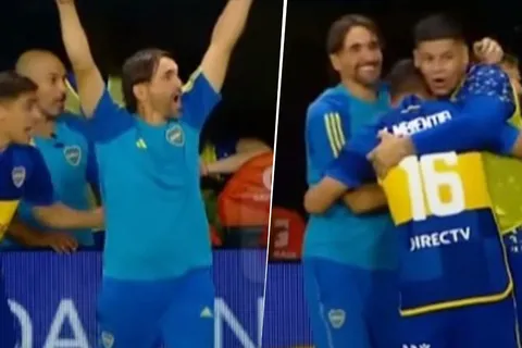 El festejo de Diego Martínez tras el gol de Cavani a Racing