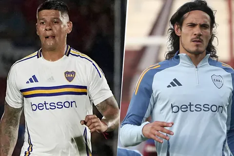 Marcos Rojo y Edinson Cavani en Boca