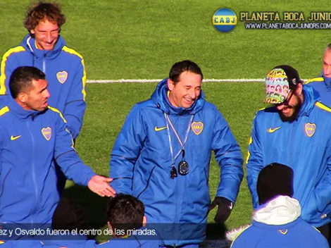 El primer entrenamiento de Tevez, con la visita de Osvaldo
