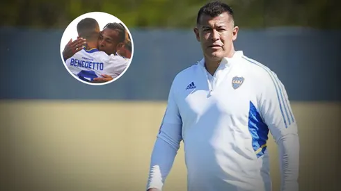 La postura de Almirón con los refrentes. (Prensa CABJ// Getty)