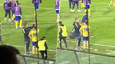 La charla de Almirón con Barco. (Foto: Leandro Aguilera)